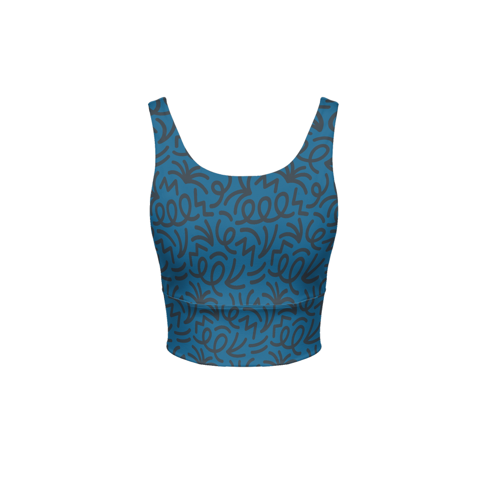 V-Shape-Back Longline Sports Bra – Graffiti Blue and Black